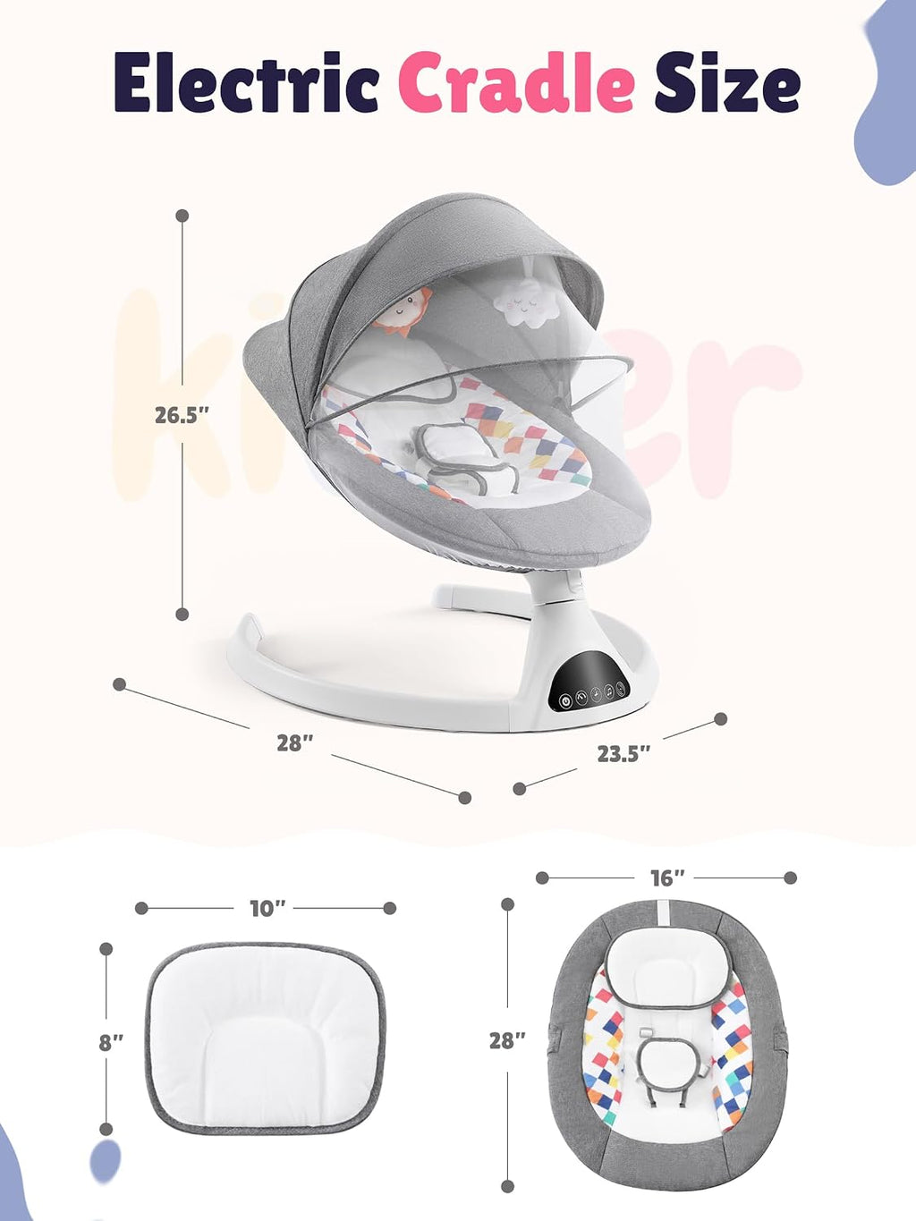 Swing for Infants - Electric Portable Bluetooth Baby Rocker with 5 Speeds, Point Harness, Remote Control, Timing &
