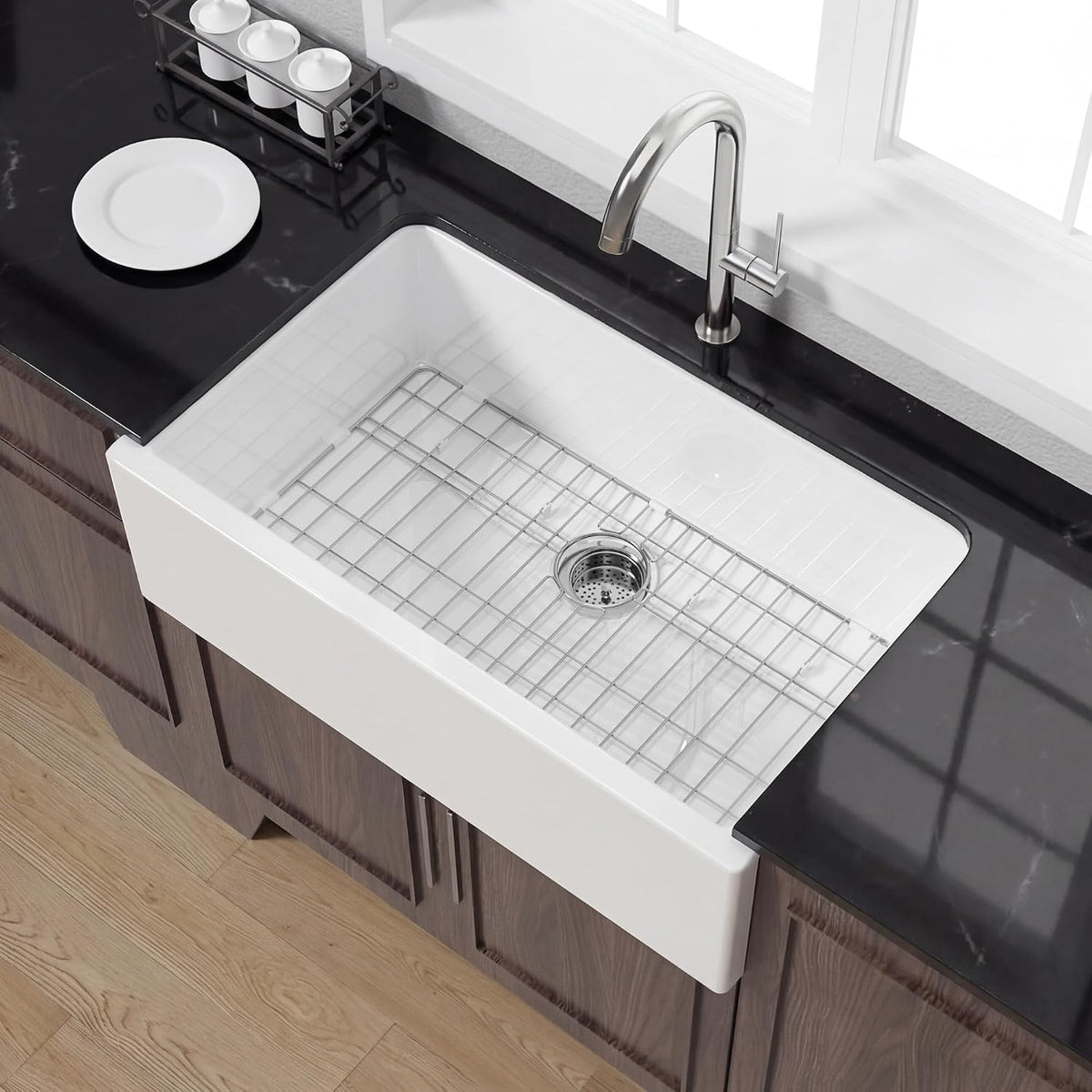 33 x 20 Inch Self-trimming Farmhouse Kitchen Sink White Apron Front | Fireclay large single bowl apron front farm