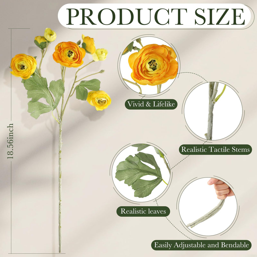 4 Pcs 7 Heads Artificial Ranunculus Flowers 18.5" Yellow Velvet Flocked Fake Ranunculus Faux Silk Flower Bouquets