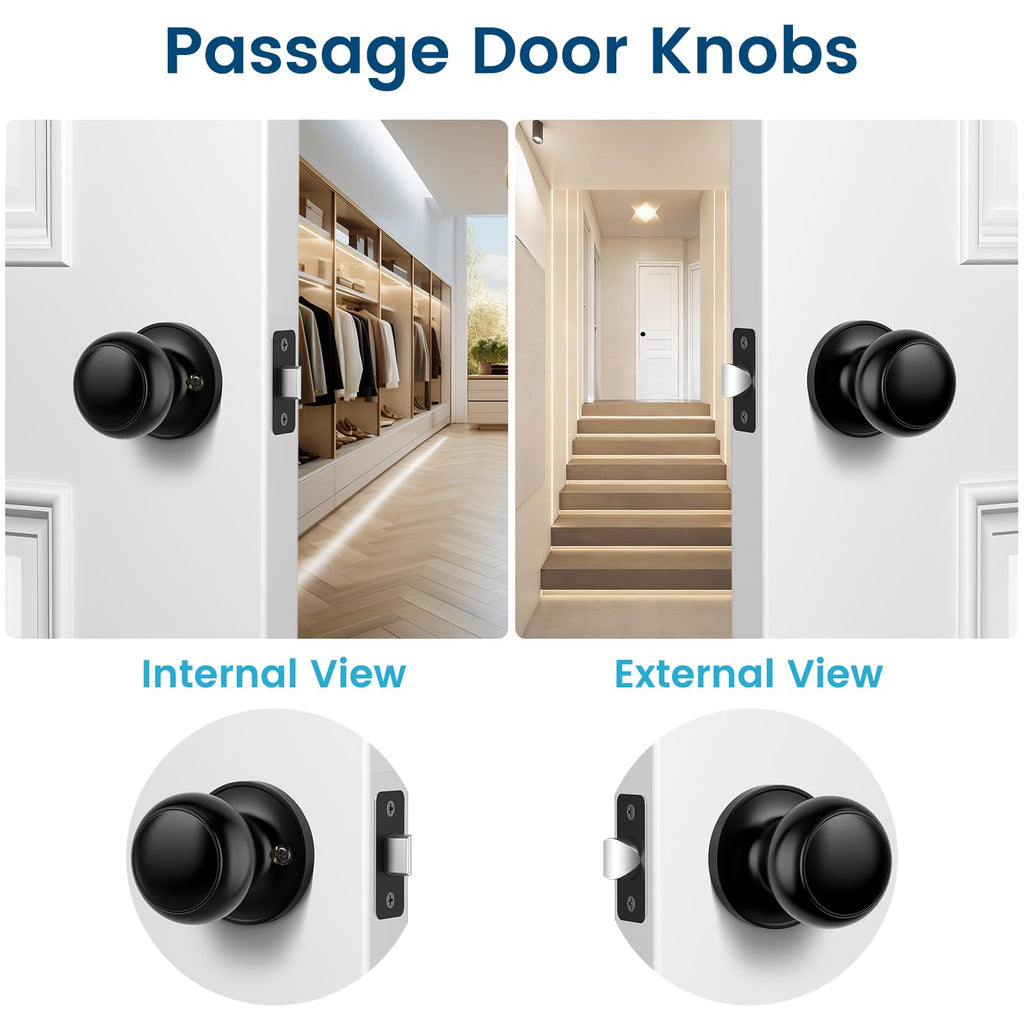 Passage Door Knobs, 5 Pack Matte Black Door Knobs, Hallway Closet Non-Locking Interior Doorknobs, Round Door Handles