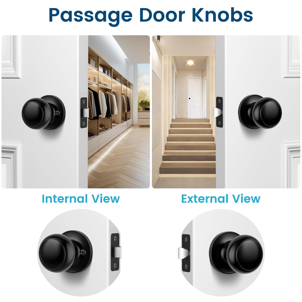 Passage Door Knobs, 5 Pack Matte Black Door Knobs, Hallway Closet Non-Locking Interior Doorknobs, Round Door Handles