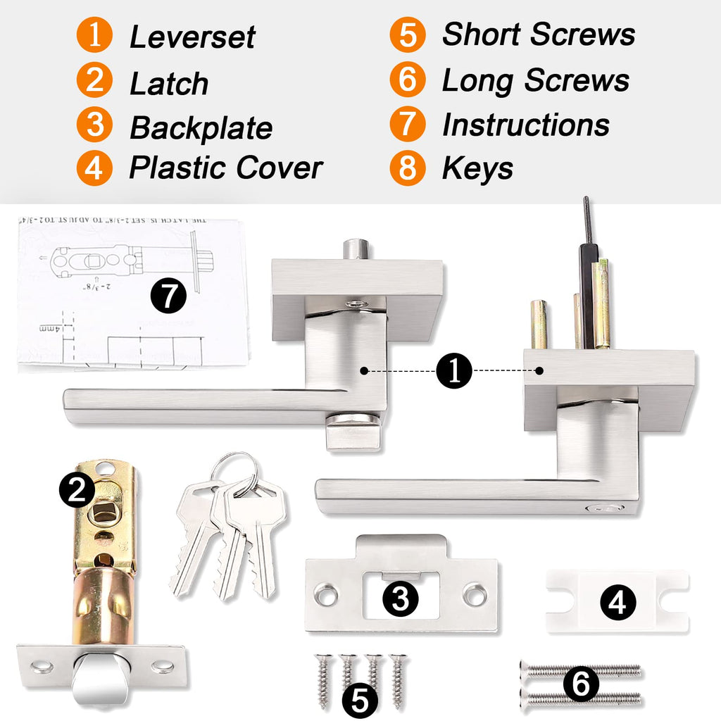 Entry Door Levers Brushed Nickel with Different Keys, Heavy Duty Hardware for Exterior Front and Back Door,Lockable