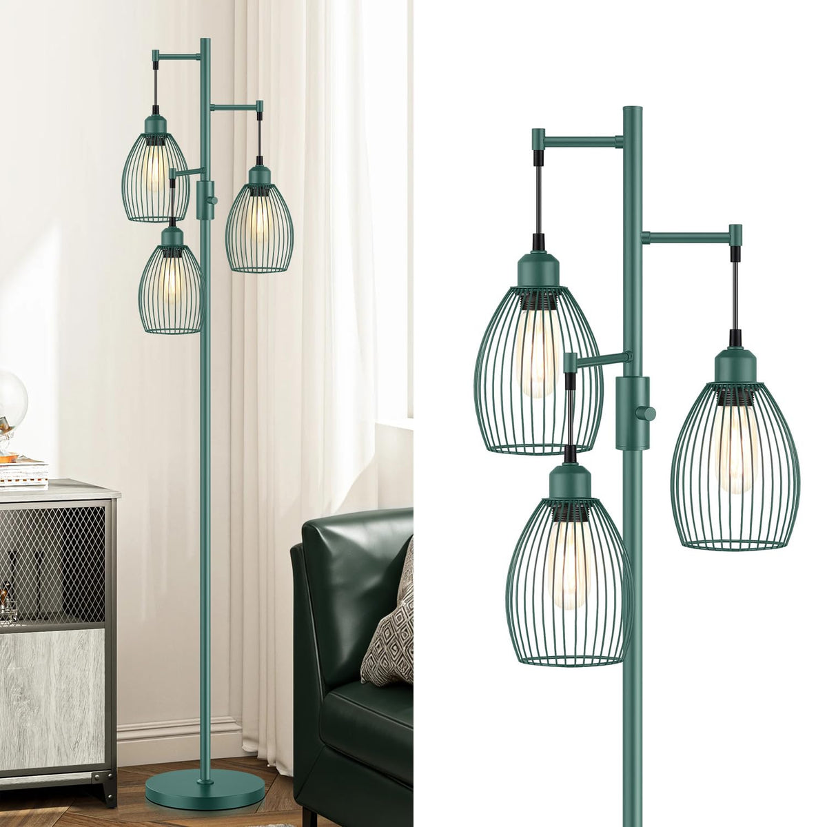 Dimmable Floor Lamp, Industrial Floor Lamps, Green Tree Lamp Standing Lamp Tall Lamps with 3 Elegant Teardrop Cage