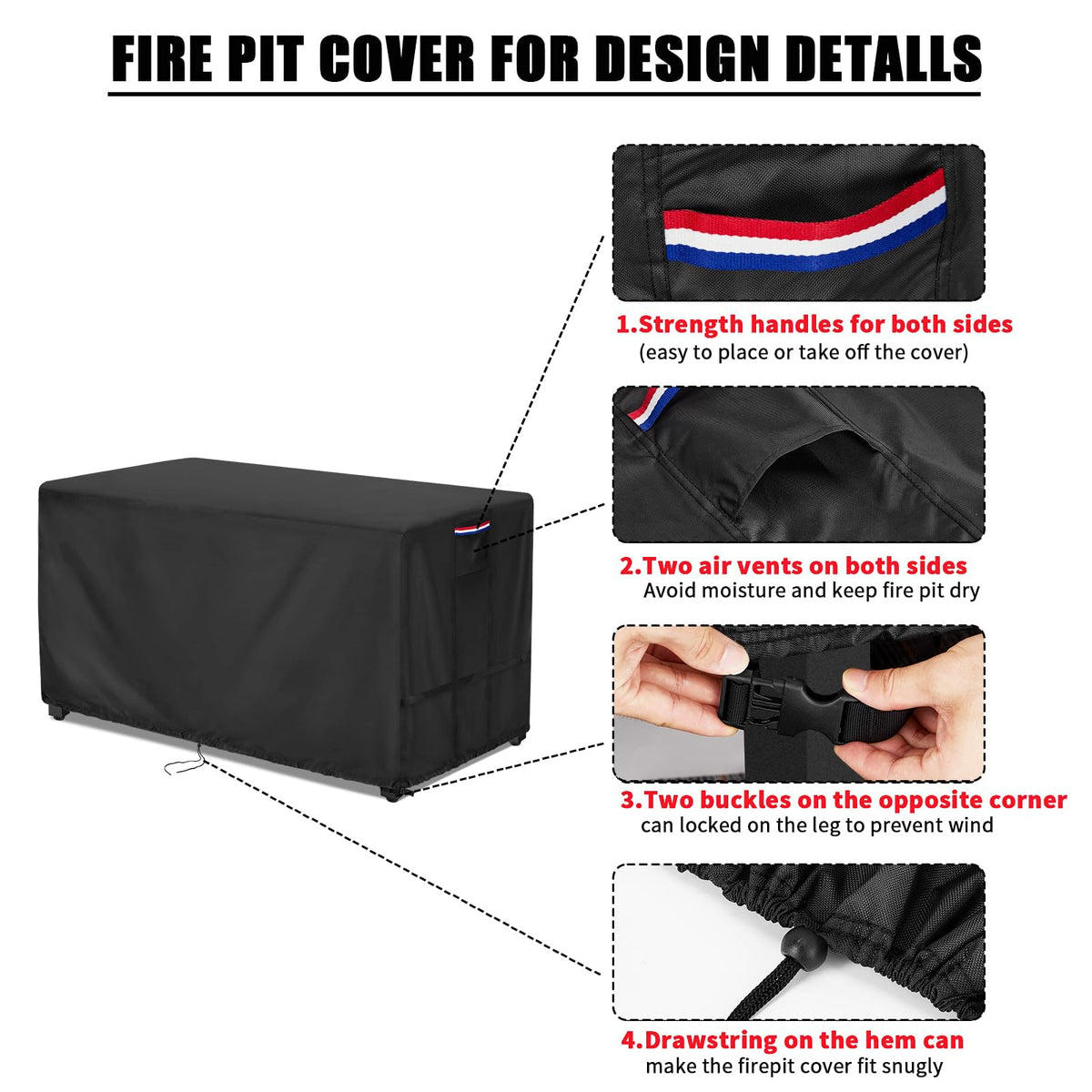 Fire Pit Cover Rectangular Waterproof 600D, 58 x 20 x 18 Inch Black