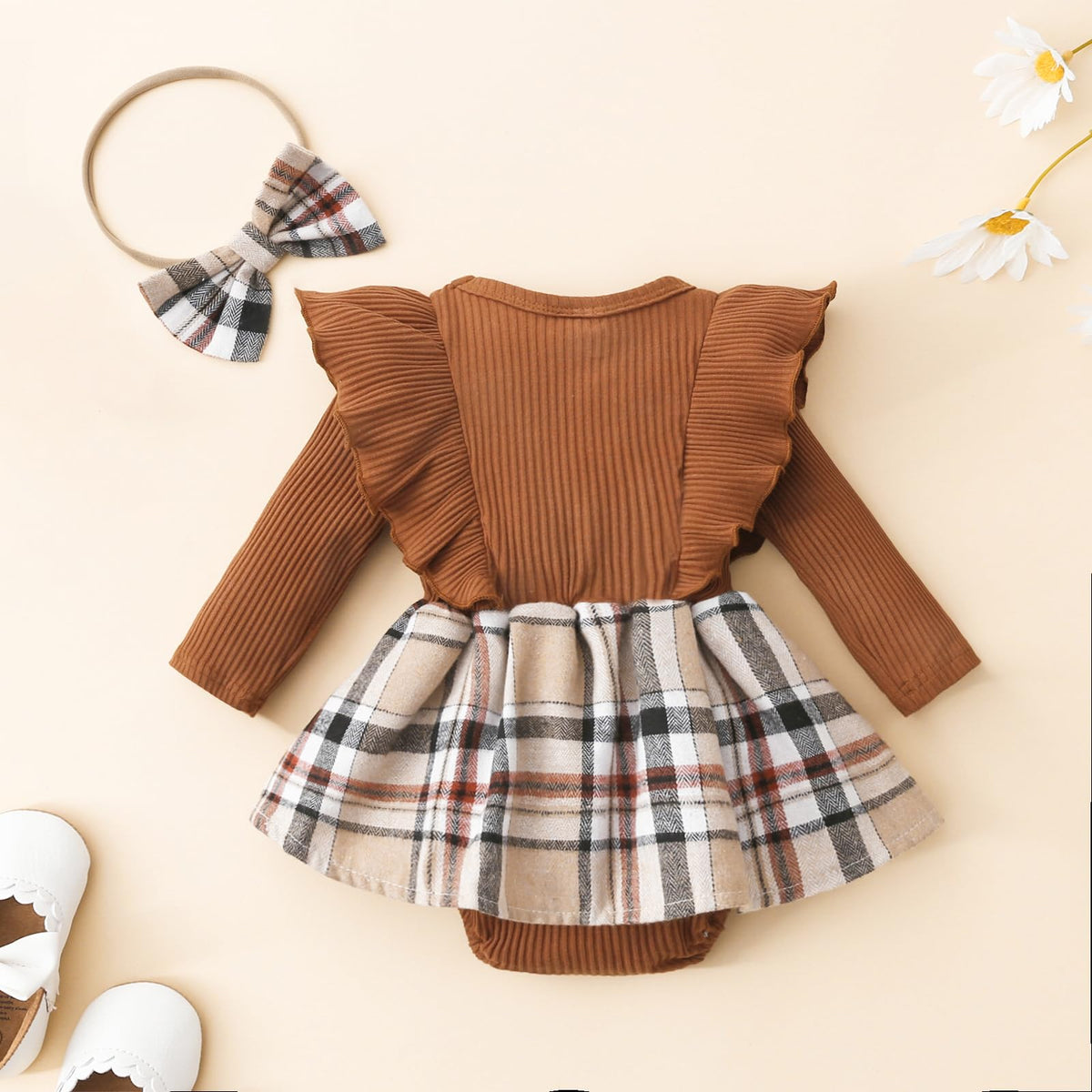 Newborn Baby Girl Fall Winter Outfit Set Plaid Romper Dress Ruffles Long Sleeve Clothes Jumpsuit with Bow Headband