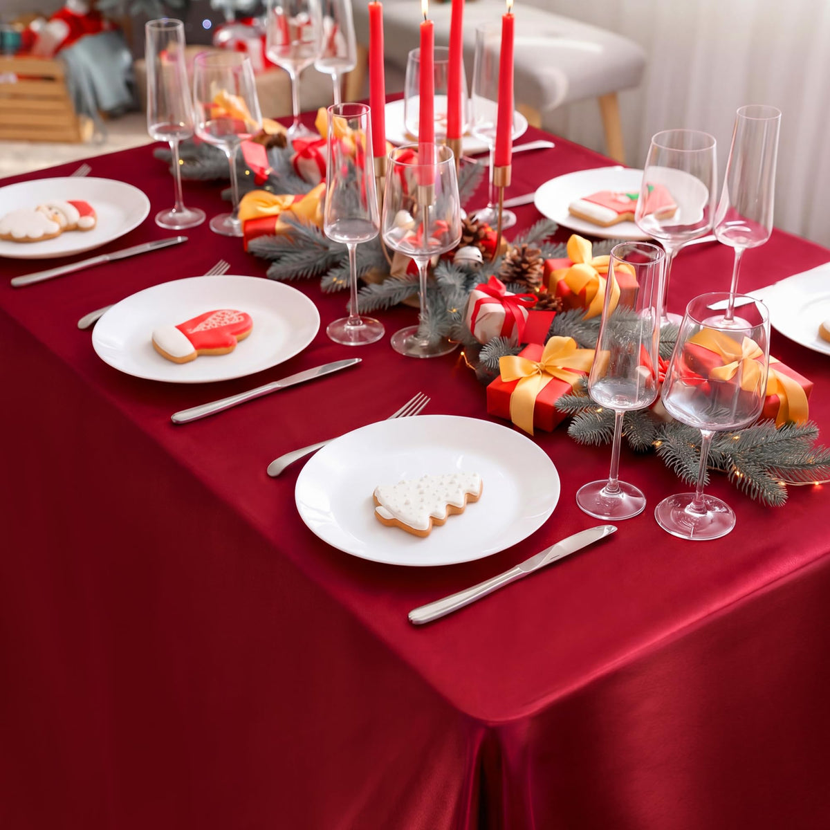4 Pack Burgundy Satin Tablecloth 102 x 58 Inch Overlay Table Cover