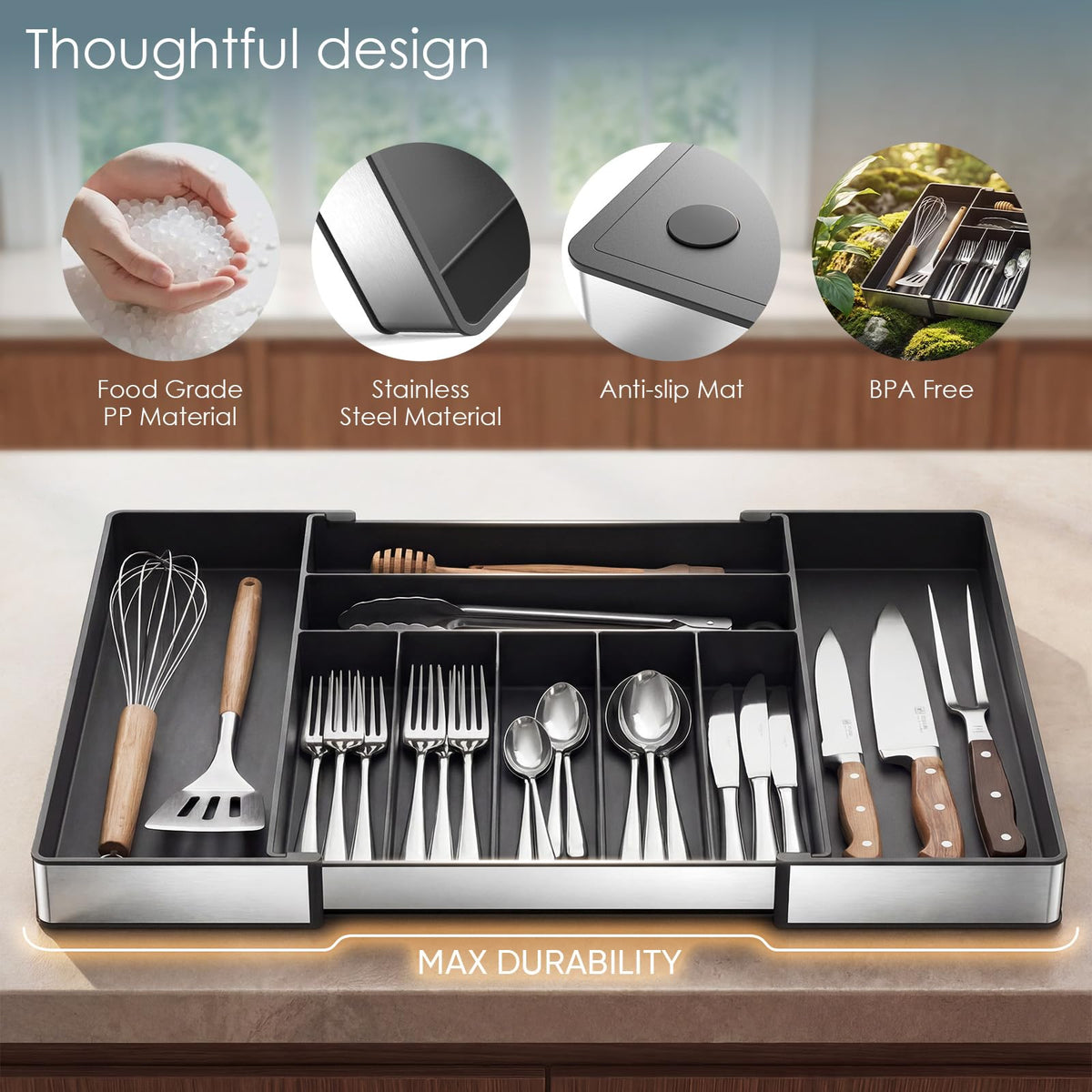 Silverware Drawer Organizer, 9 Slots Expandable Kitchen Drawer Organizer