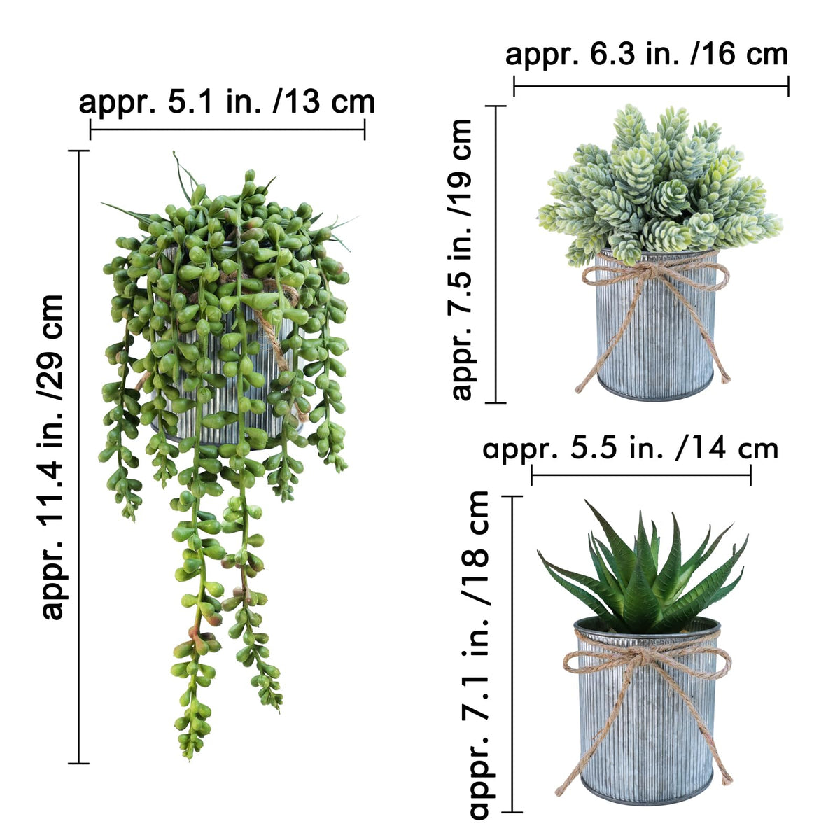 Set of 3 Small Artificial Succulent Potted Plants Faux Aloe Hops Hanging Succulent in Rustic Galvanized Metal Pots