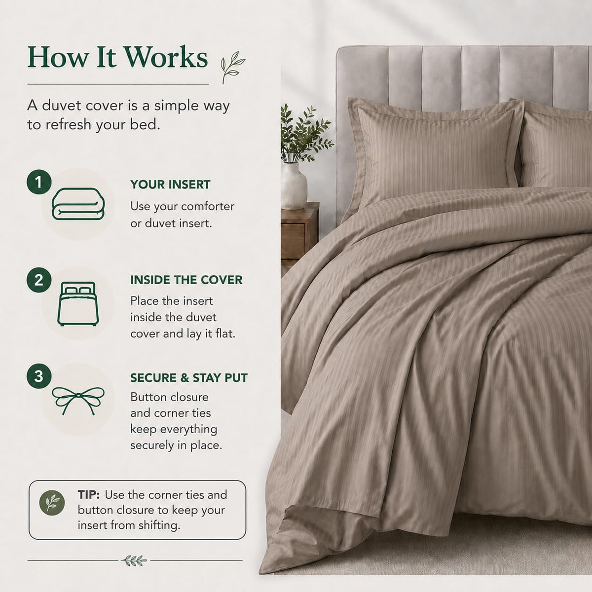 Damask Stripes 300-Thread-Count, 100-Percent Cotton - Extra Long-XL 2PC Duvet Cover Set with Buttons