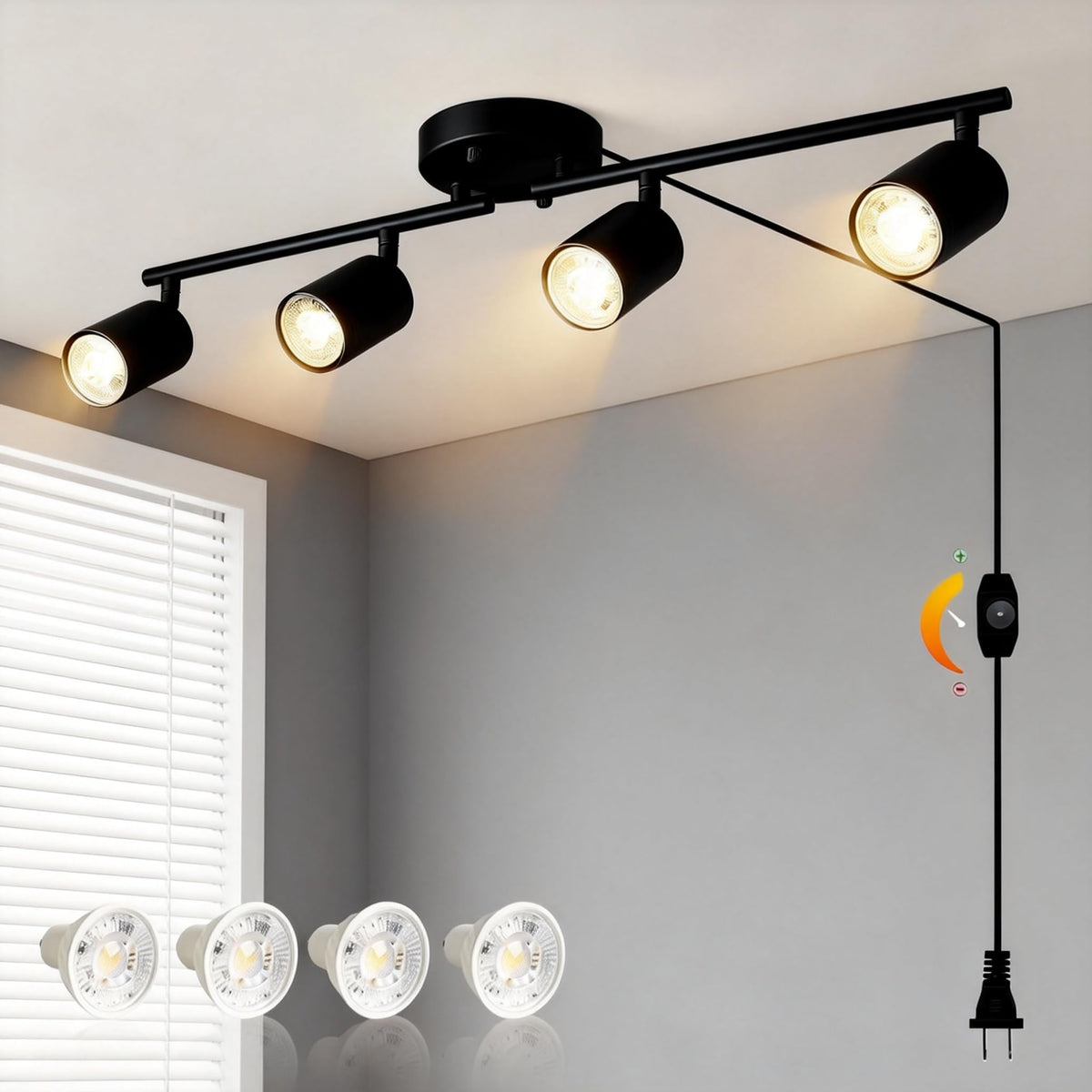 (Bulbs Included) Plug in Dimmable Track Lighting, 4 Way Ceiling SpotLight Kit Matte Black, 20ft Long Cord