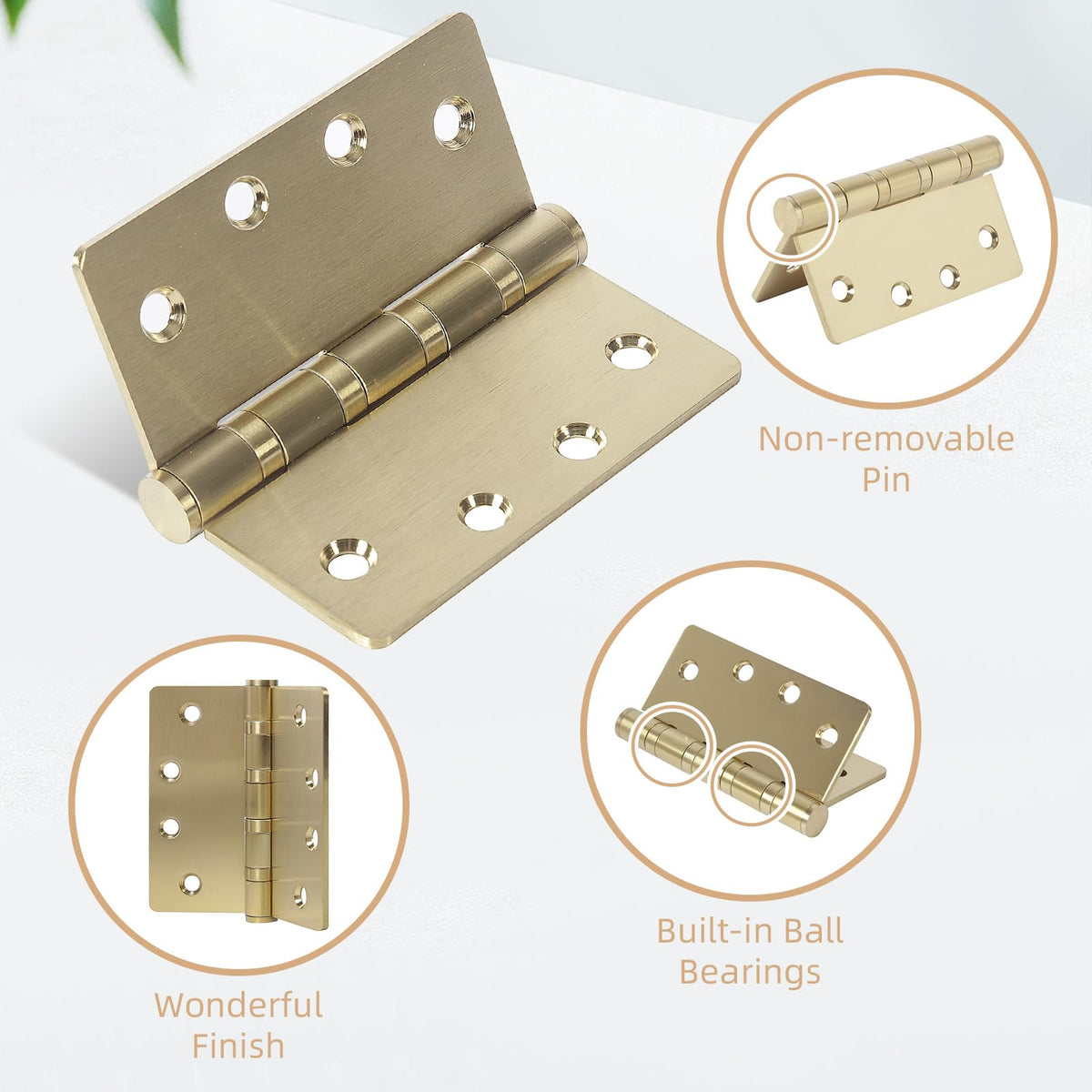 6 Pack Gold Ball Bearing Door Hinges, 4.0 x 4.0 Inches Heavy-Duty Stainless Steel Door Hinges for Exterior & Interior