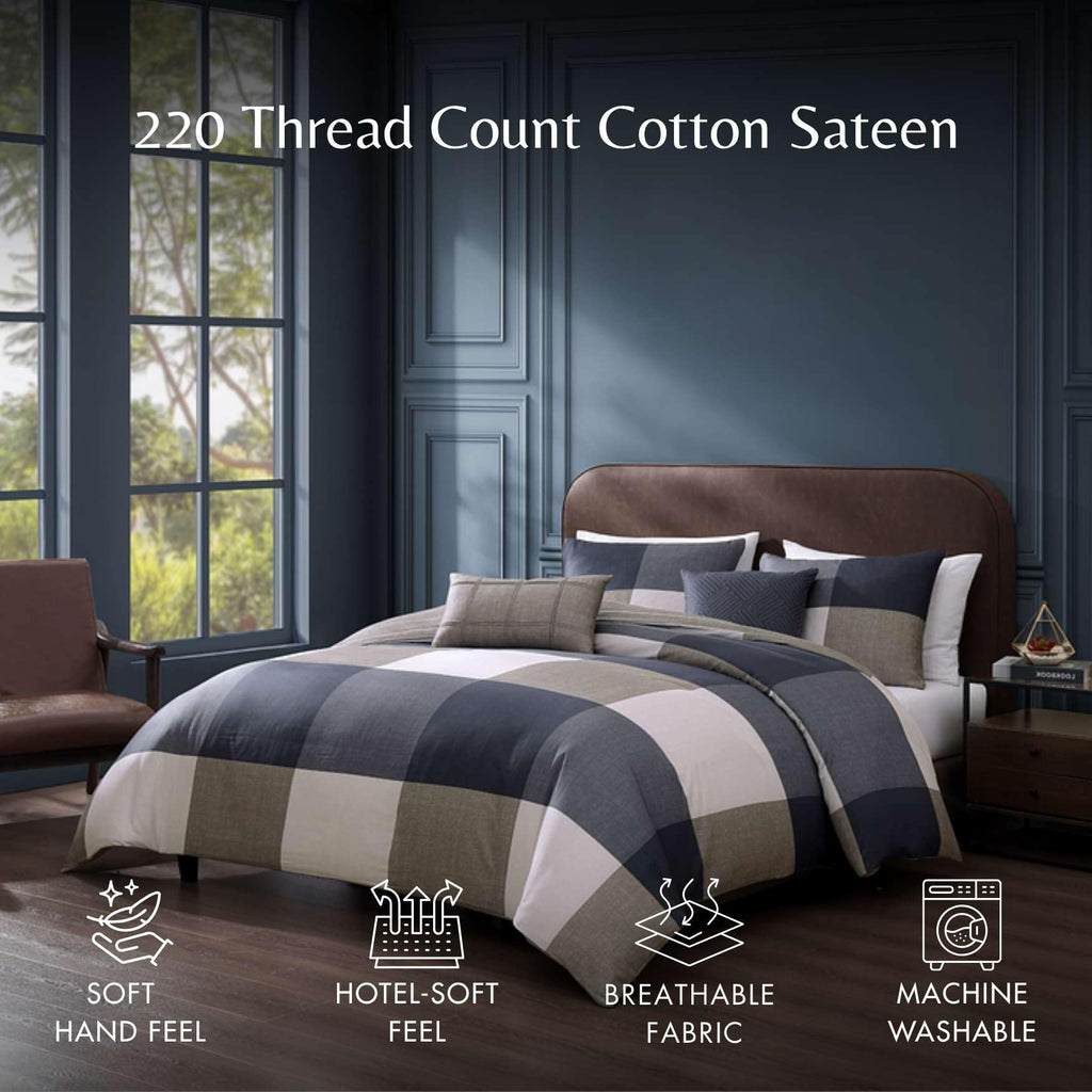 Checkered Navy Tan 5 Piece Reversible Comforter Set