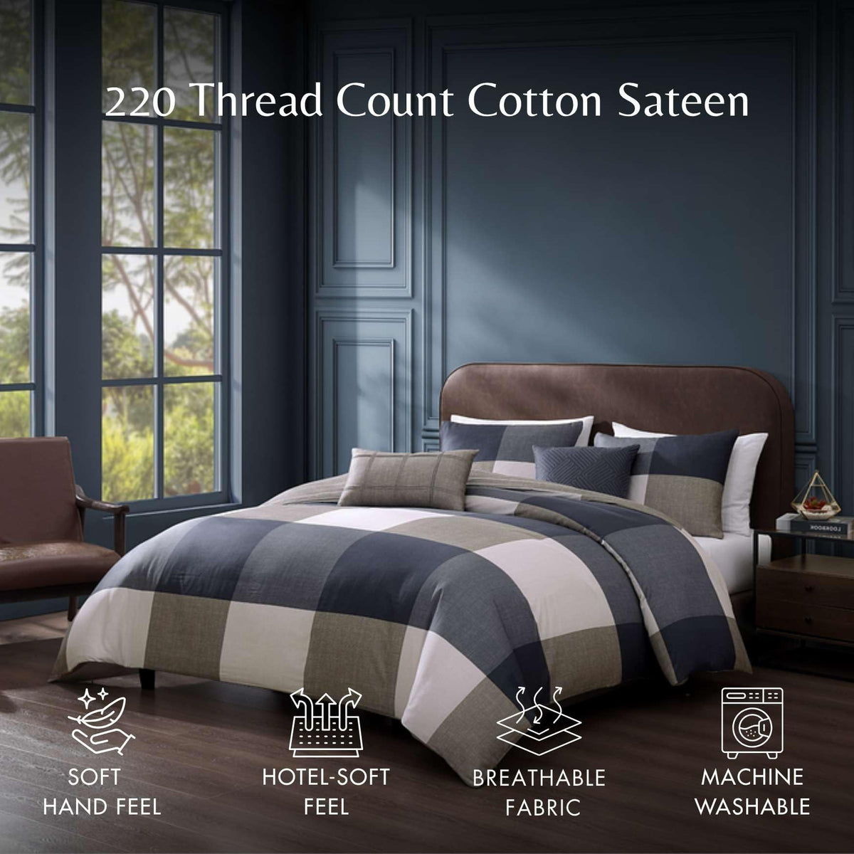 Checkered Navy Tan 5 Piece Reversible Comforter Set