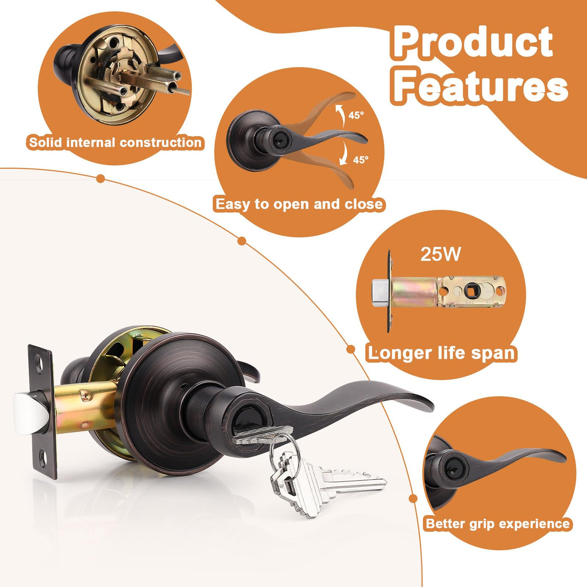 2 Pack Entrance Lever Door Handle Oil Rubbed Bronze, Entry Levers Combo Pack, Keyed Alike Door Locks Lockset