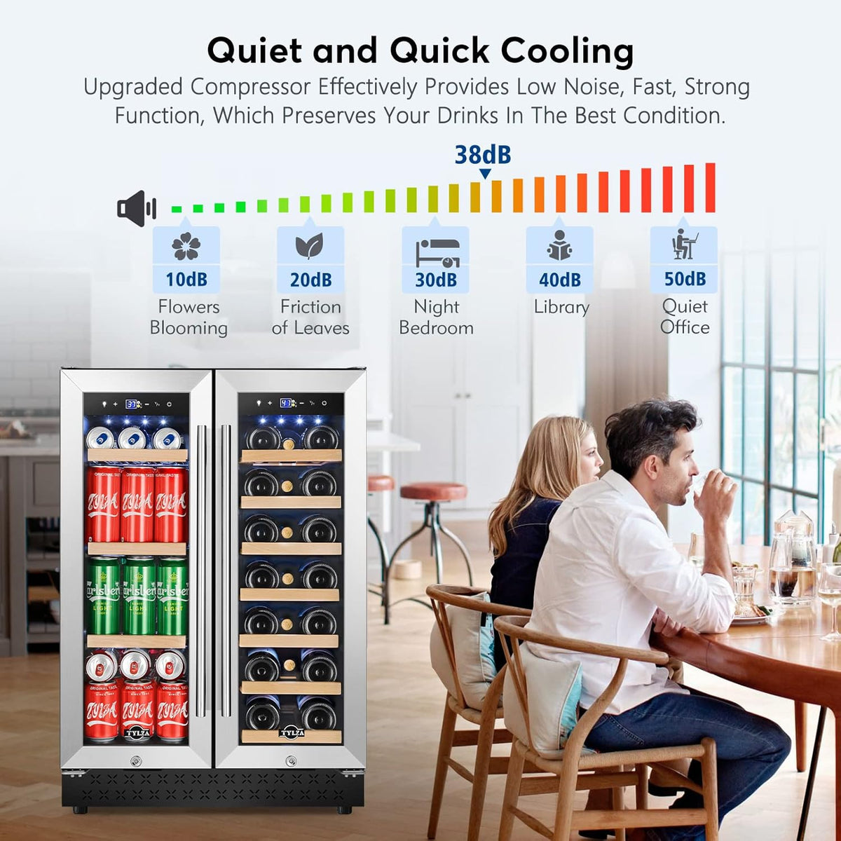 Upgraded Wine and Beverage Refrigerator 24 Inch, Dual Zone Wine Beverage Cooler with French Door