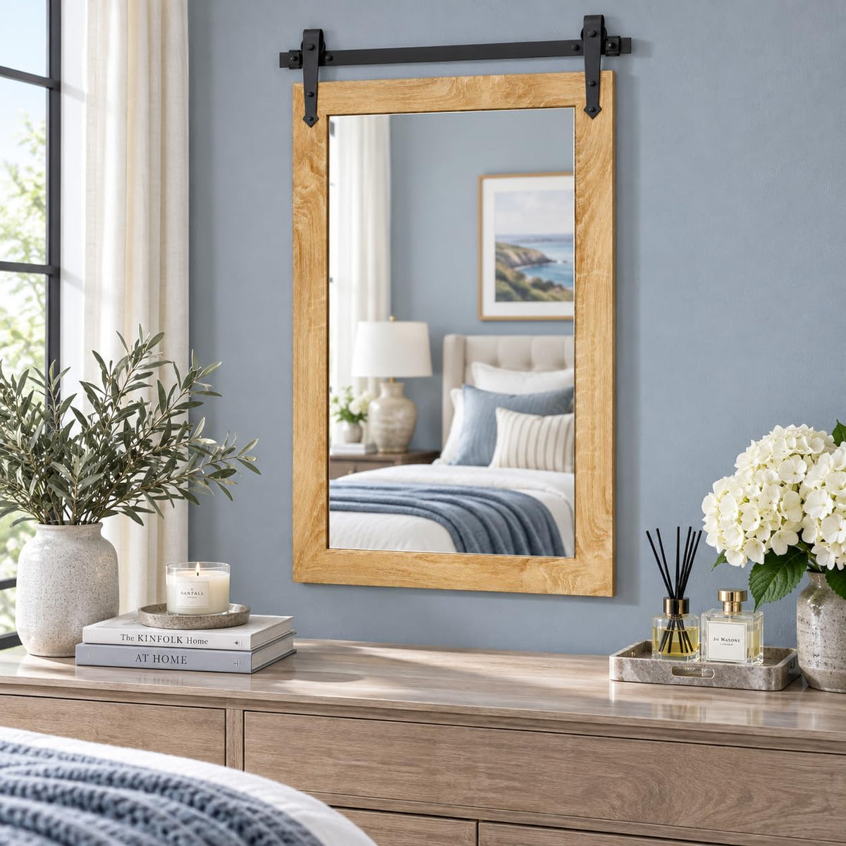 Farmhouse Bathroom Mirror 26"x40" Rustic Wood Framed Wall Mirror Barn Door Mirror for Wall (Brown)