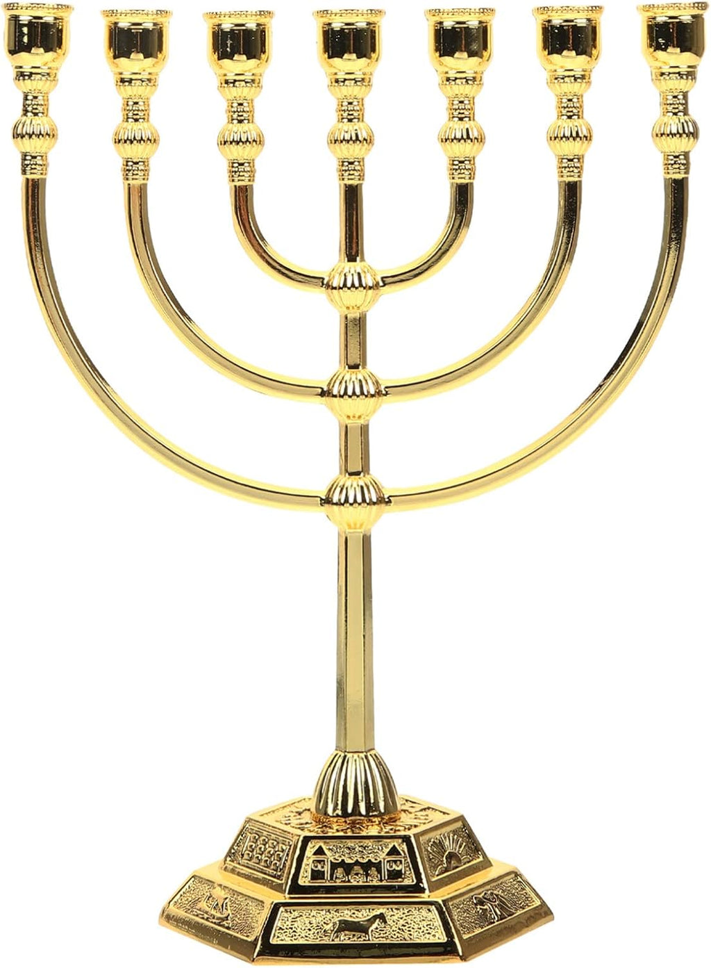 Israel 7-Branch Candle Holder - Golden Metal Candelabrum for Hanukkah, Jewish Decor, and Gifts - 6.68 X 5.31 X 2.55