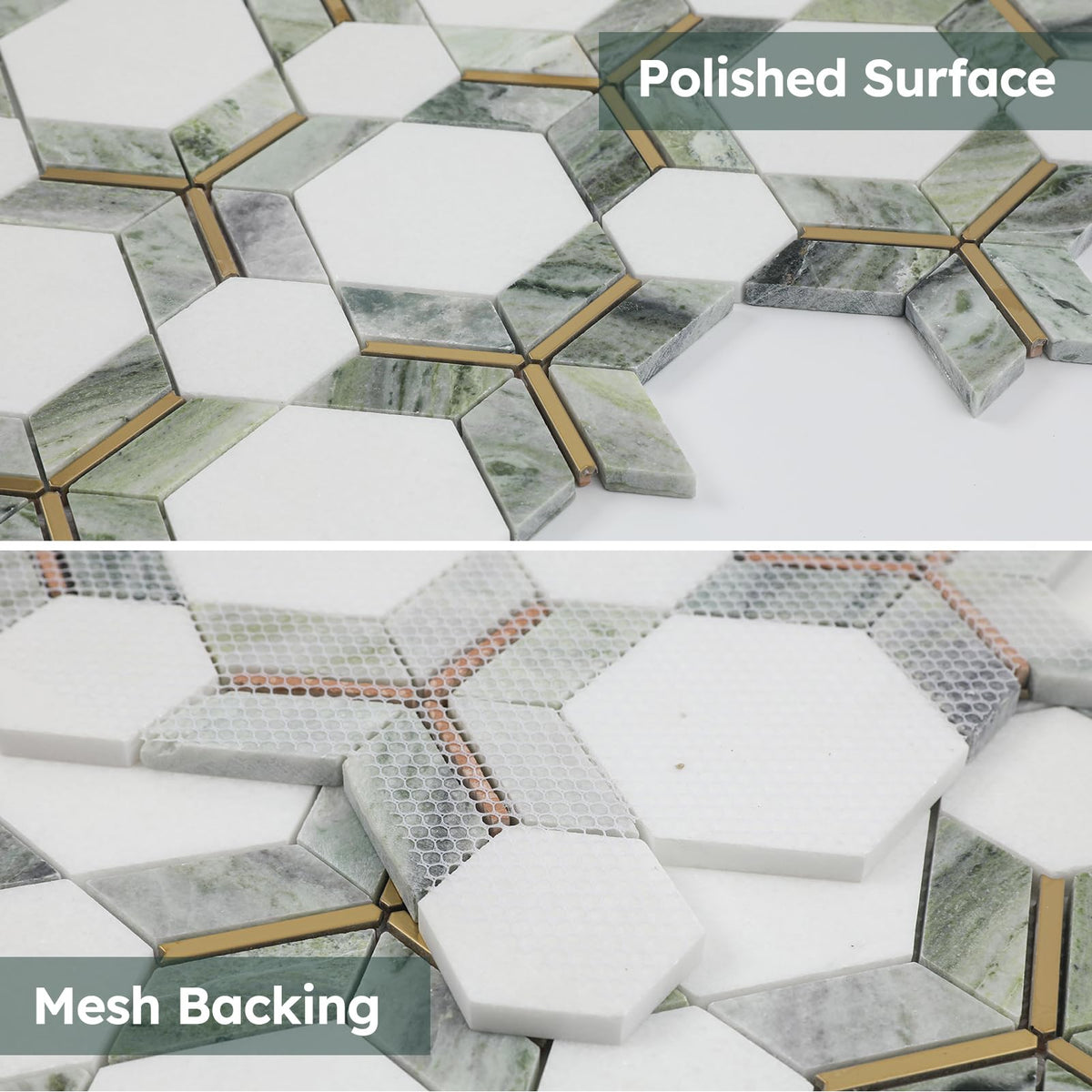 White Marble with Gold Metal Hexaong Mosaic Tile Polished, 5 Sheets