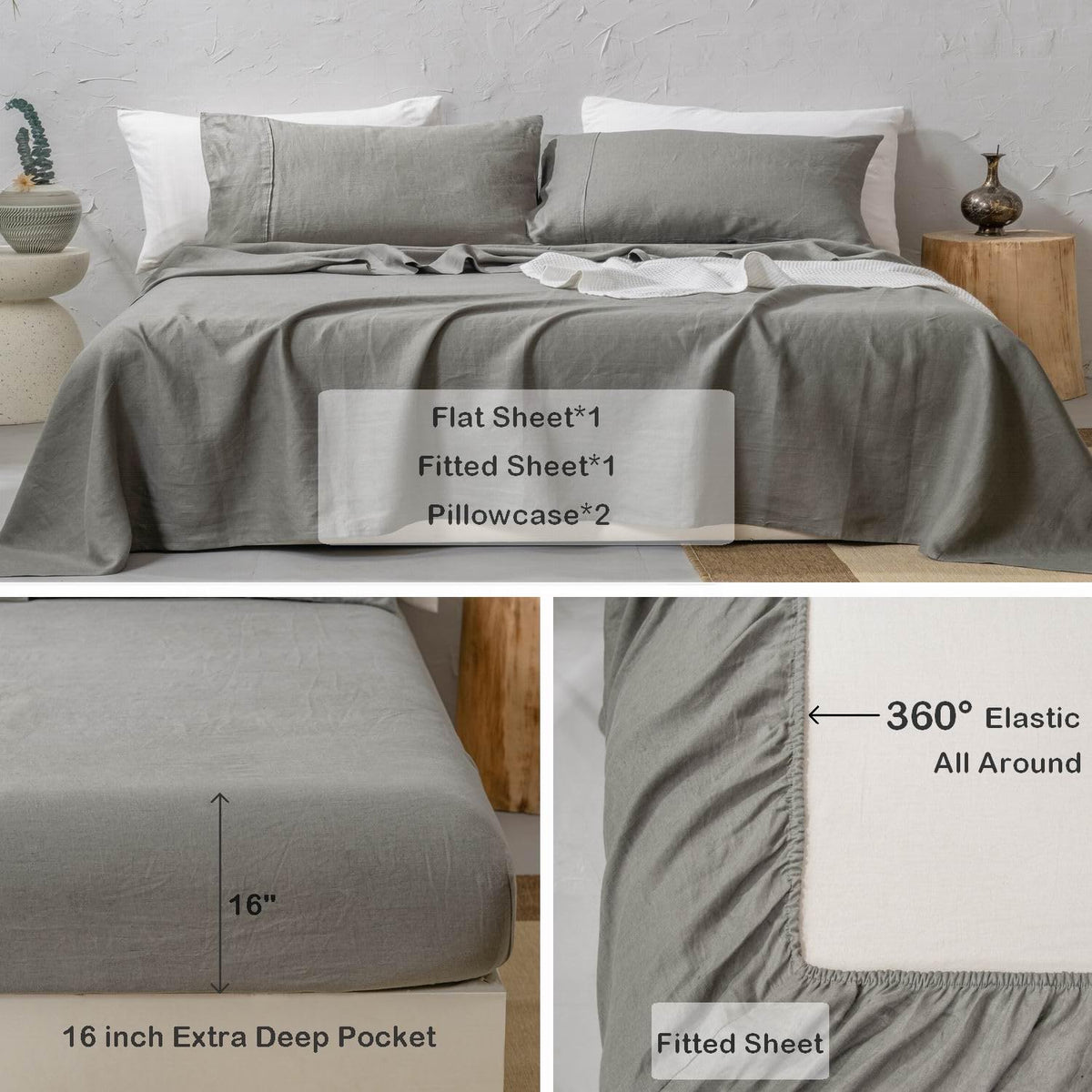 100% Washed French Linen Sheet Set - Charcoal Linen-4 Pieces (1 Flat Sheet, 1 Fitted Sheet & 2 Pillowcases)