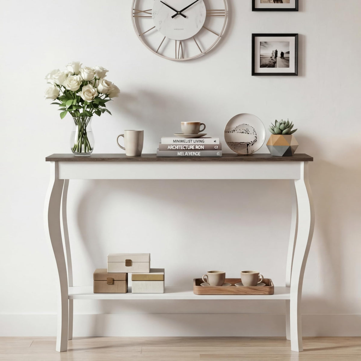 39" Narrow Farmhouse Entryway Table with Storage Shelf, Soft White