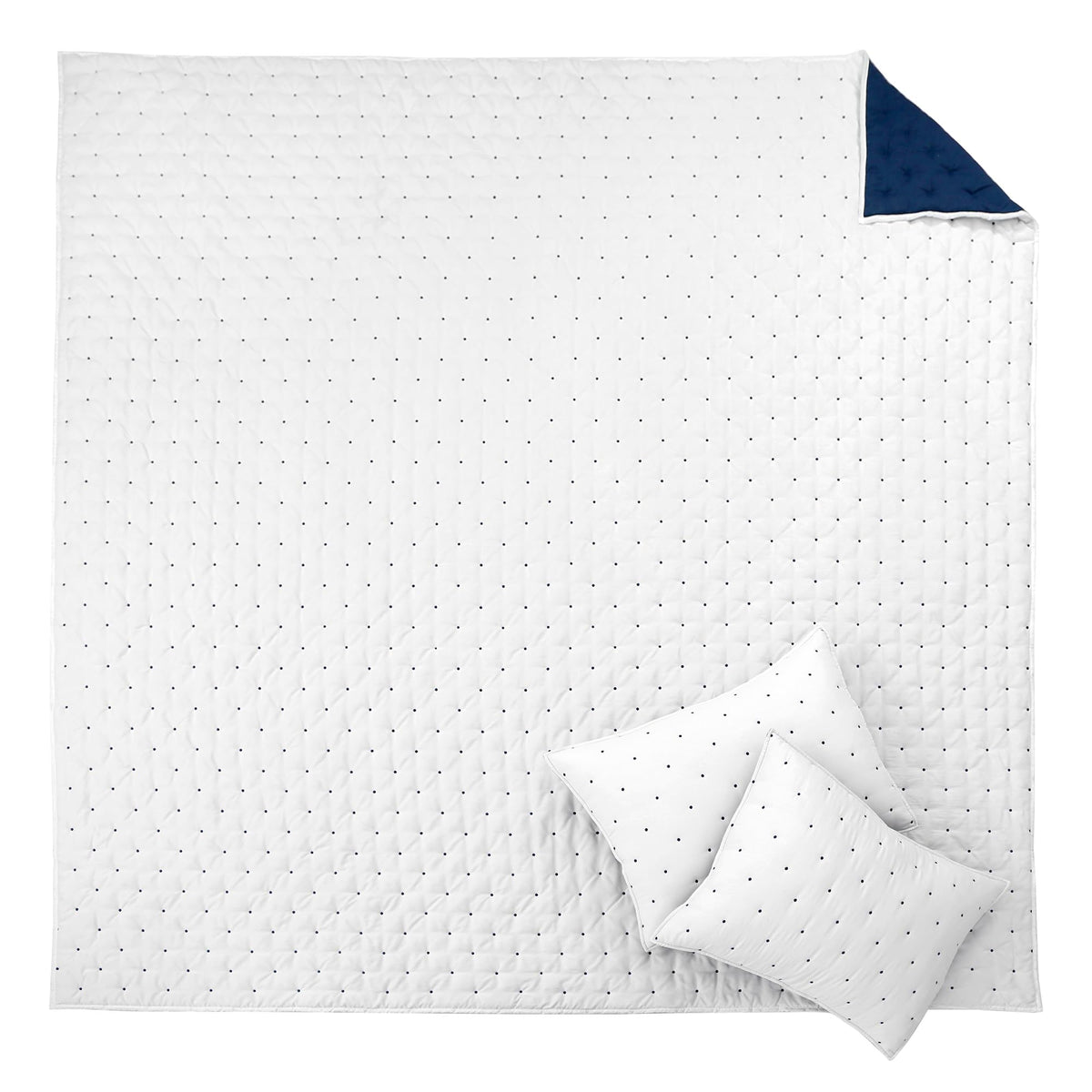 Embroidered Swiss Dot Quilt Set - Quilt and Two Standard Shams - Dot - Navy and White - Quilt (88x92in.)