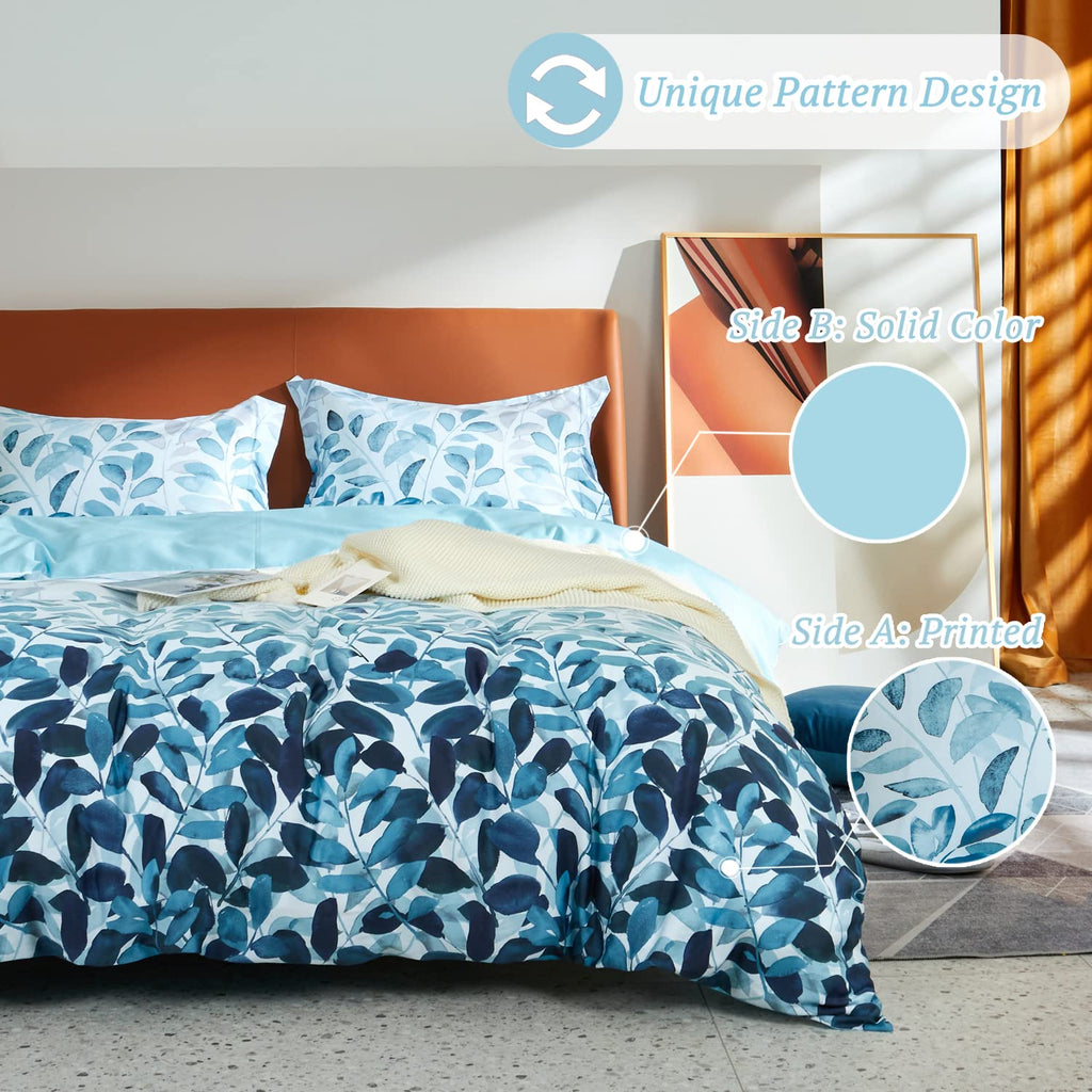 100% Long Staple Cotton Duvet Cover Set Gradient Blue Leaves Printed Comforter Cover Set Farmhouse Plant Comforter