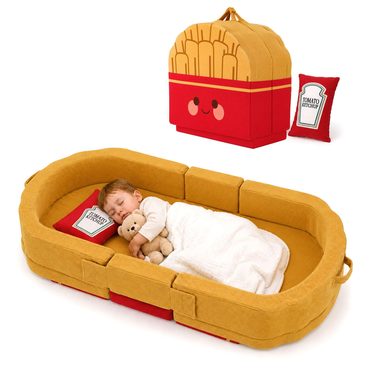 Toddler Travel Bed "French Fries" Style with "Ketchup" Pillow - Portable Toddlers Floor Beds, Foldable Soft Foam