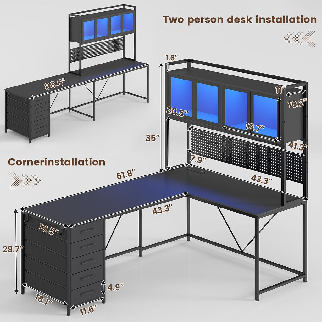 L Shaped Gaming Corner Desk with Drawers, Hutch and Storage Shelves