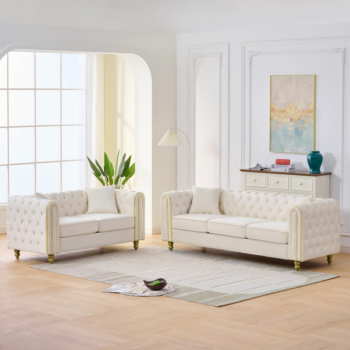 Chesterfield Button Tufted Sofa Set of 2, Modern Deep Seat Loveseat + 3 Seater Couch with Golden Legs, Upholstered