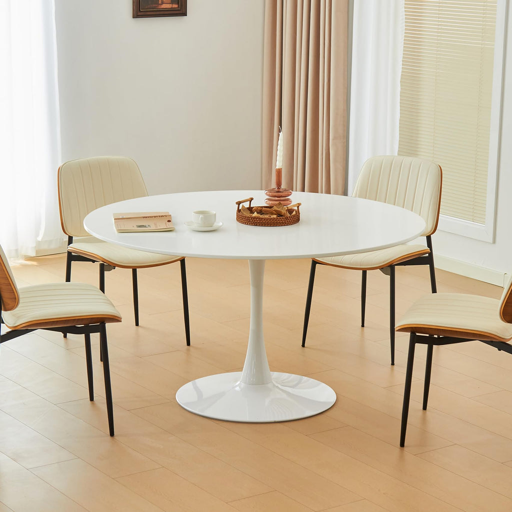 Inspired Saarinen Style Round Dining Tulip Table for 4, Mid-Century Modern Table with Sturdy Metal Pedestal, Bistro, Cafe, Leisure (White