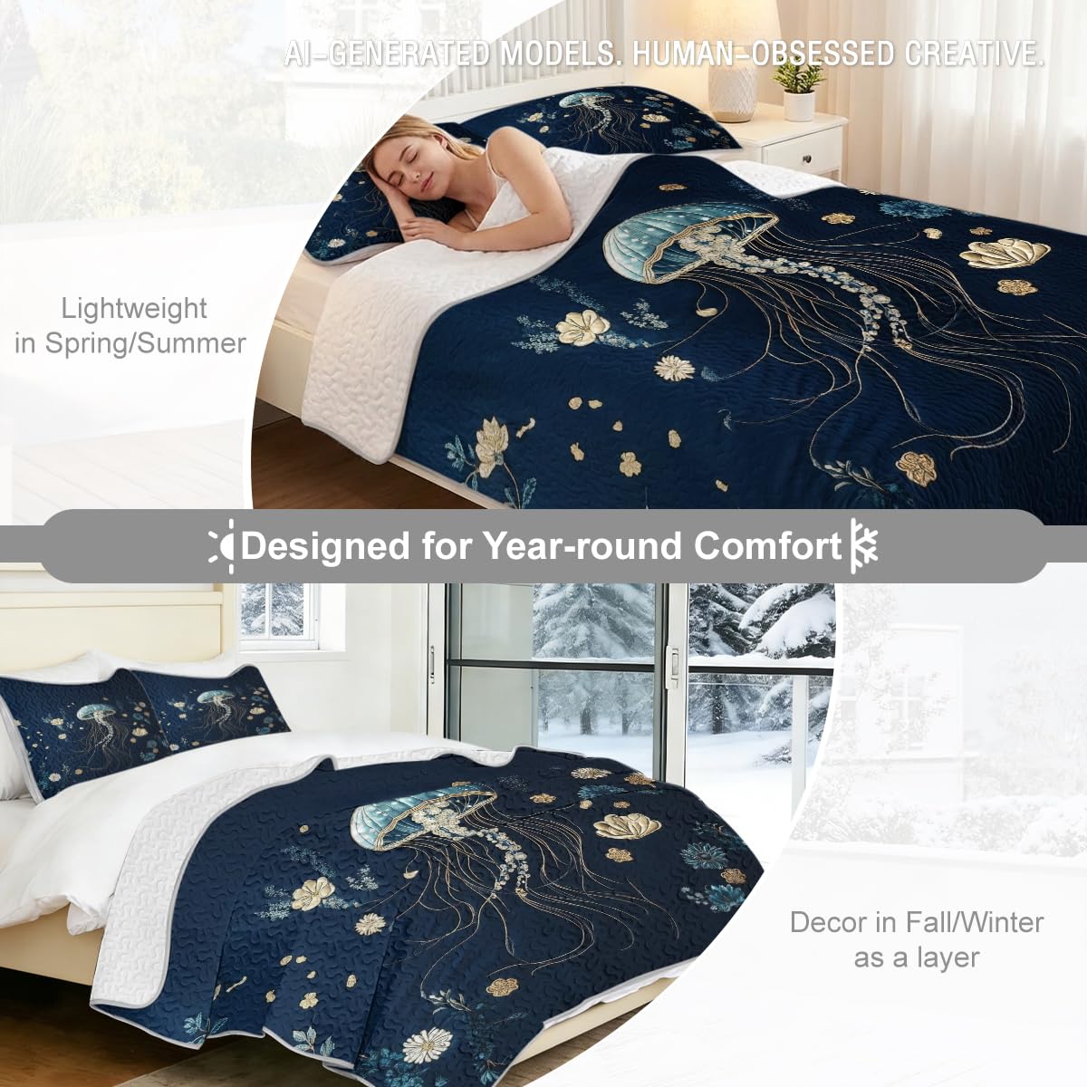 Ocean Jellyfish Quilt Set Navy Blue Floral Sea Life Bedding with Artistic Jellyfish Print for Modern Coastal Bedroom