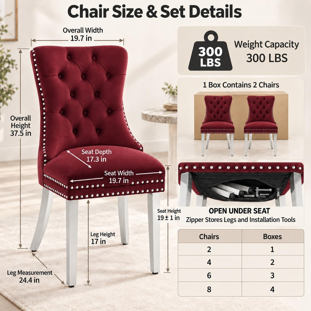 Mid Century Modern Dining Chairs Set of 4, Velvet Upholstered Kitchen & Dining Room Chairs with Nailhead Trim &