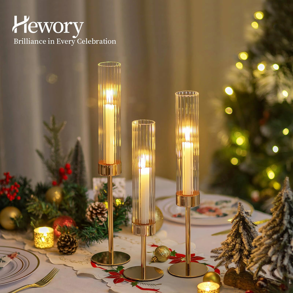 Gold Taper Candle Holders: Candlestick Holders Set of 3 Hurricane Glass Tall Candle Holder for Candlesticks Candle