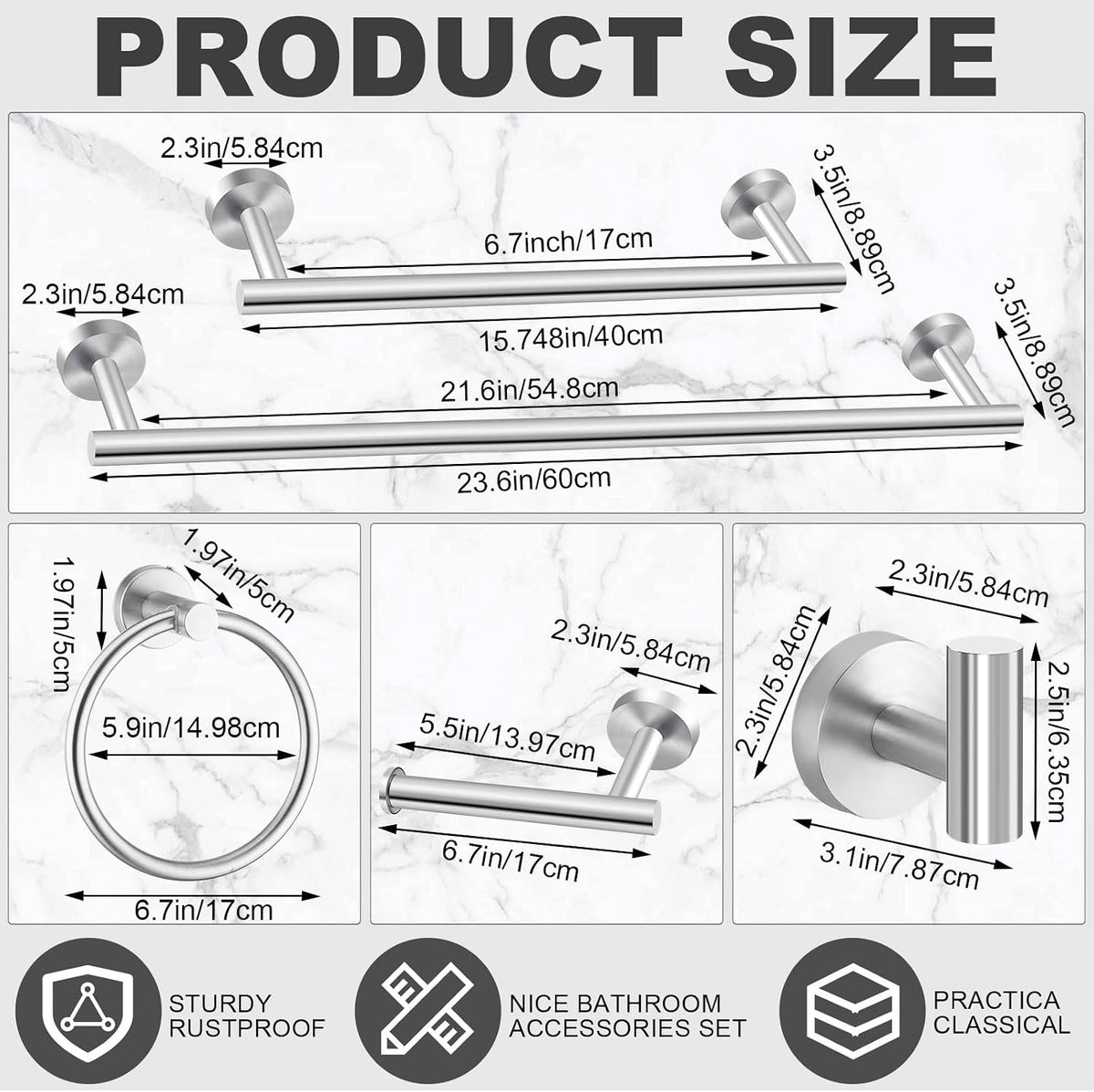 15 Pcs Brushed Nickel Bathroom Accessories Hardware Set Silver Towel Racks SUS304 Stainless Steel 23.6 Inch Brushed