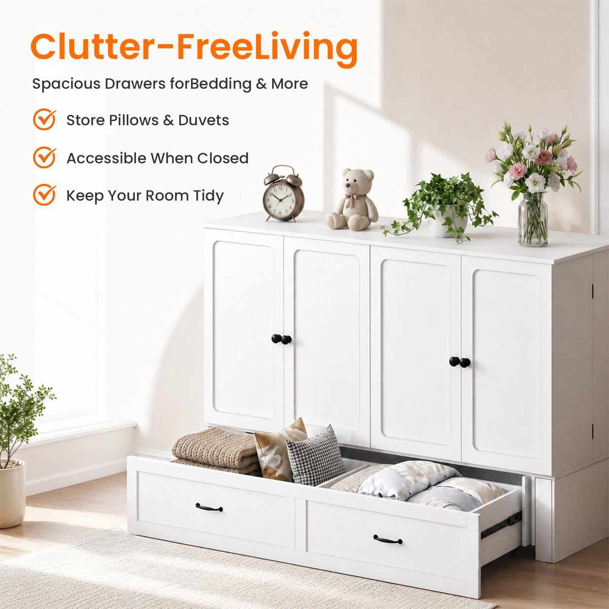 Murphy Bed Queen with Mattress, Storage & Charging Station-White