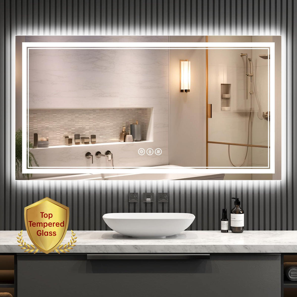 55x30 Inch Lighted Bathroom Mirror for Wall, Tempered Glass Smart Led Bathroom Mirror with Anti-Fog, Stepless