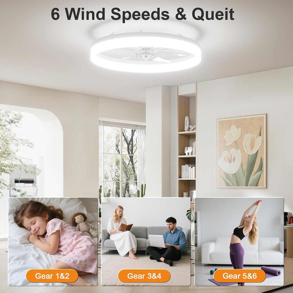 23.6" Flush Mount Chandelier Ceiling Fan with Light & Remote