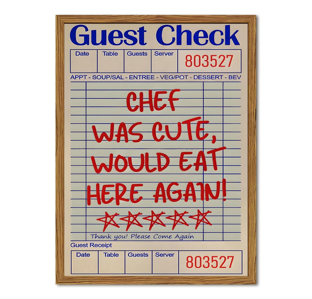 Framed Kitchen Wall Art, Retro Chef Was Cute Would Eat Here Again Pictures Wall Decor, Funky Guest Check Poster