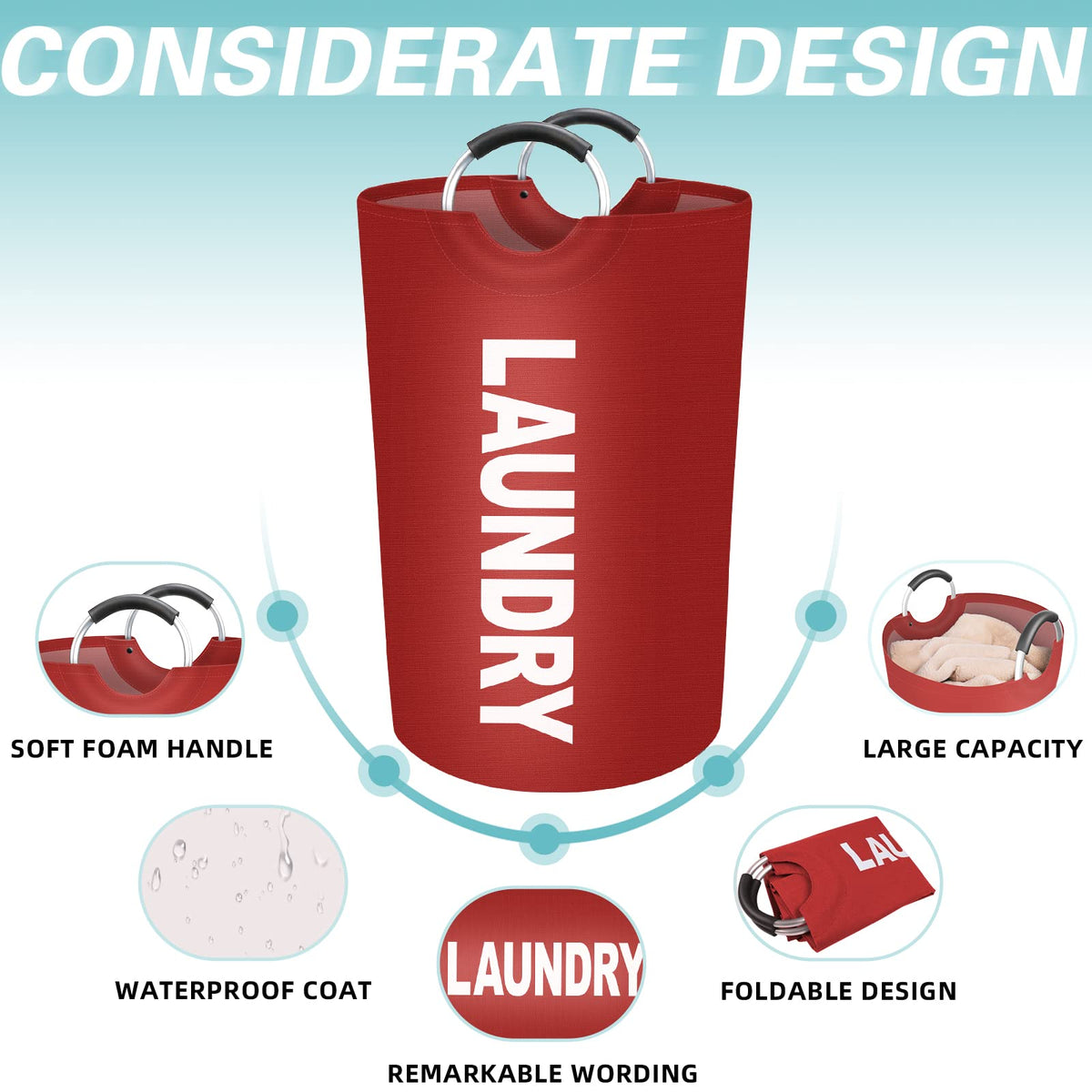 115L Large Laundry Basket, Dirty Clothes Waterproof Laundry Hamper, Red