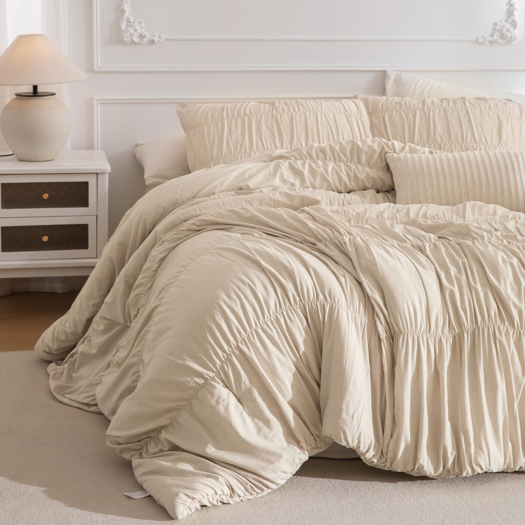 King Size Comforter Set(106"x95"), Wheat Ruched Bedding Comforter, Farmhouse Shabby Boho Chic Bedding 3 Pieces