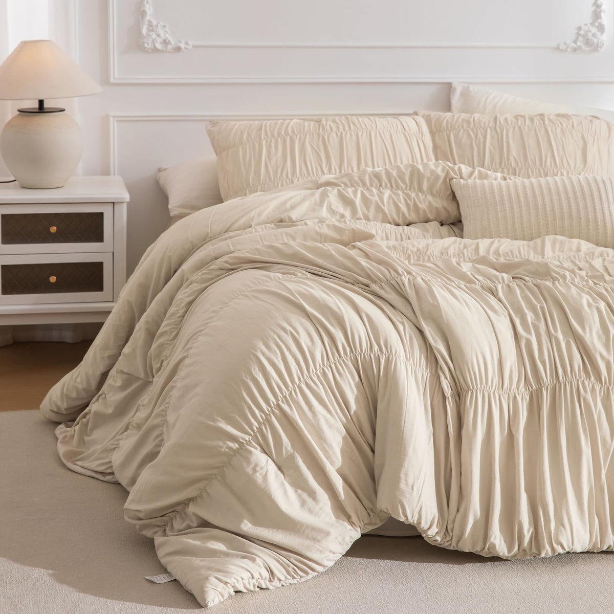 King Size Comforter Set(106"x95"), Wheat Ruched Bedding Comforter, Farmhouse Shabby Boho Chic Bedding 3 Pieces