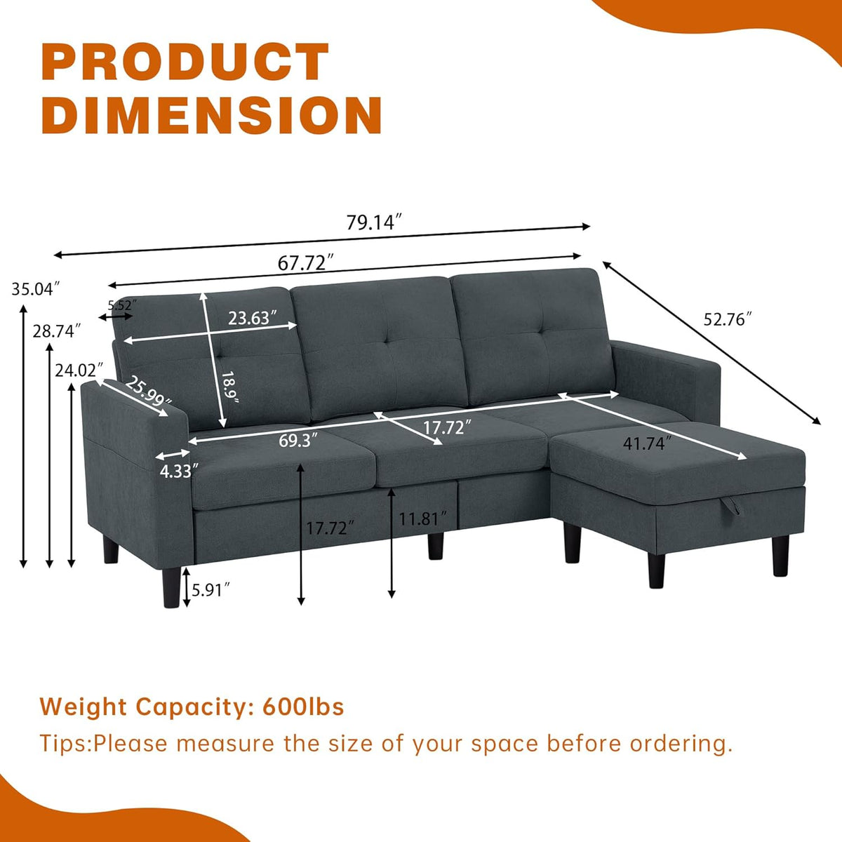 Sectional Sofa Couches for Living Room, L Shaped Couch 3-Seat Convertible Sectional Sofas with Removable Storage