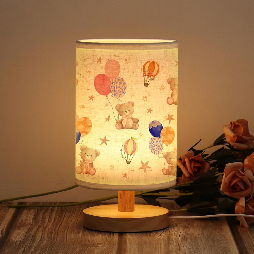 Bear Kids Table Lamp Kids Bedside Lamp with Linen Wooden Nightstand Cartoon Nursery Lampshade for Girls Boys Living