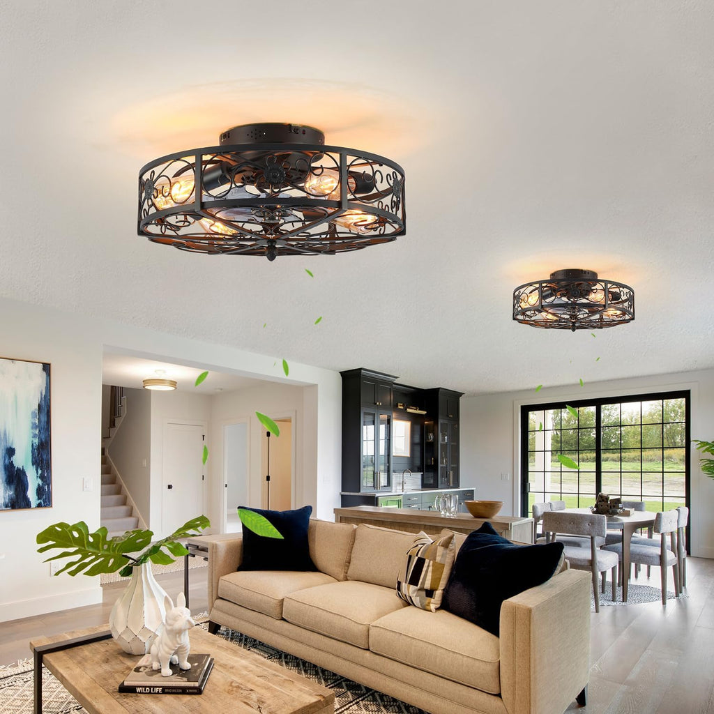 20" Flush Mount Caged Ceiling Fan with Light & Remote