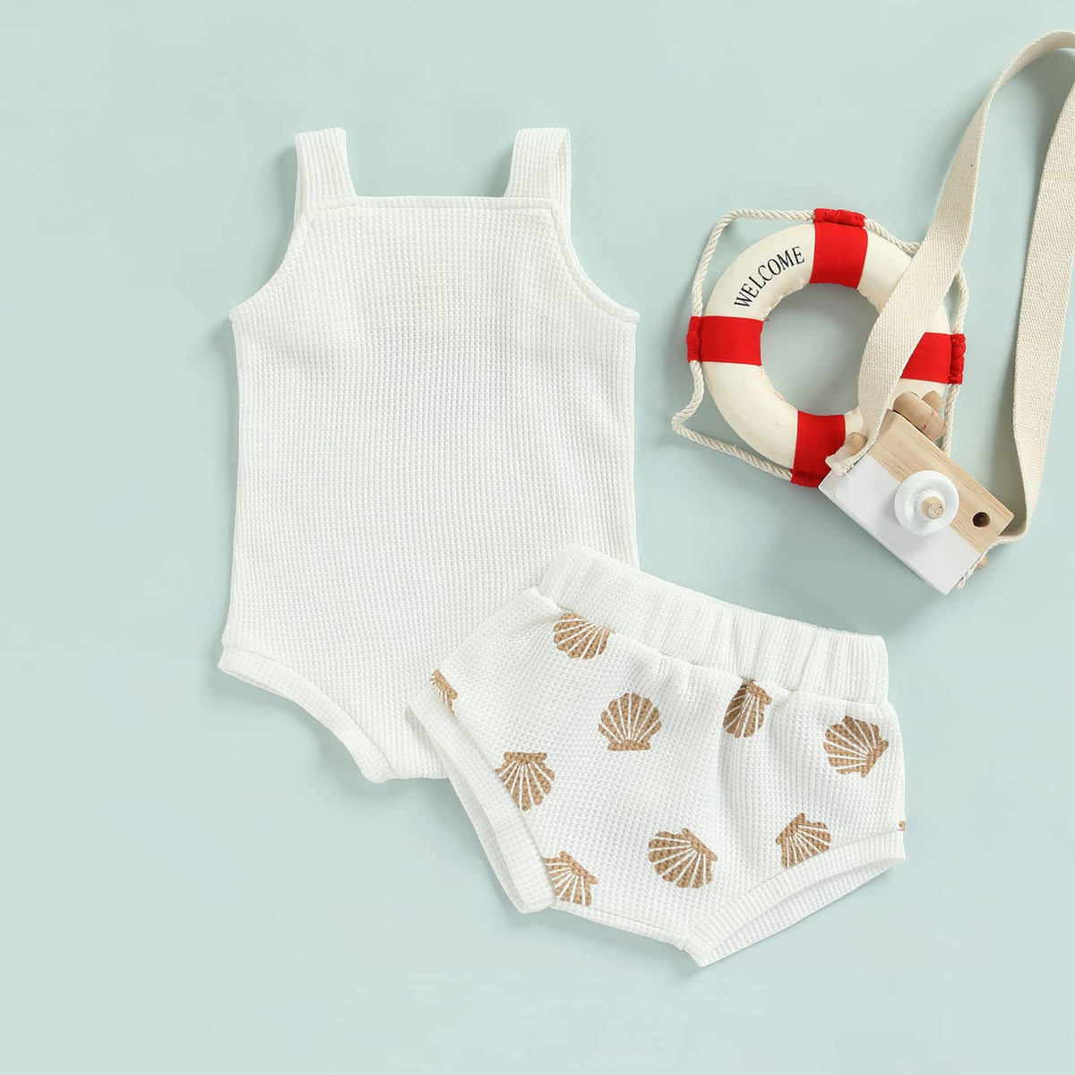 Newborn Baby Girl Summer Outfits Ribbed Sleeveless Romper Bodysuit Top and Ruffle Shorts Headband Clothes Sets