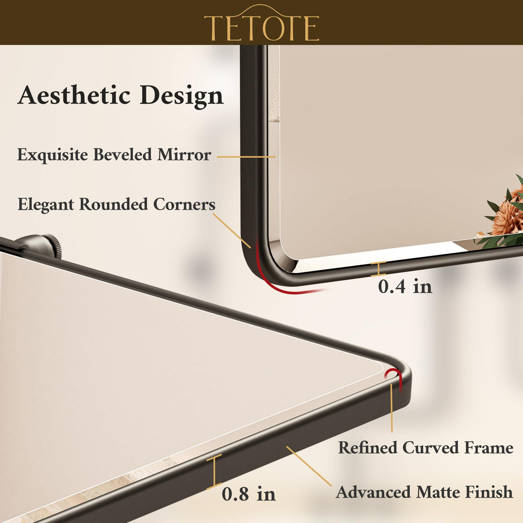 Pivot Mirror 16 x 20 Matte Black Tilt Beveled Rectangle Metal Framed Pivoting Bathroom Vanity Mirror, Modern