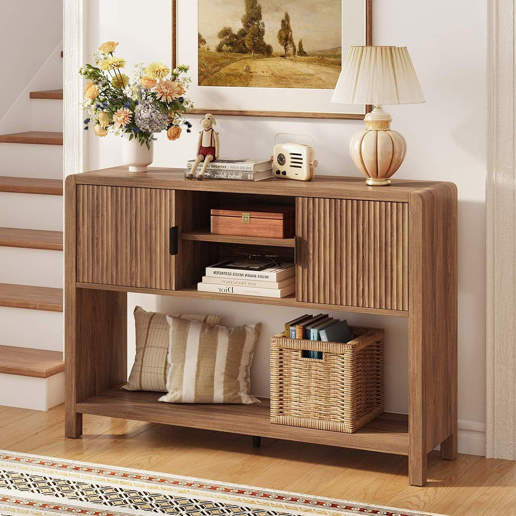 Farmhouse Console Table with 2-Door Cabinet, Retro Entryway Table with Storage Shelf, 43.31 inch Sofa Table Buffet