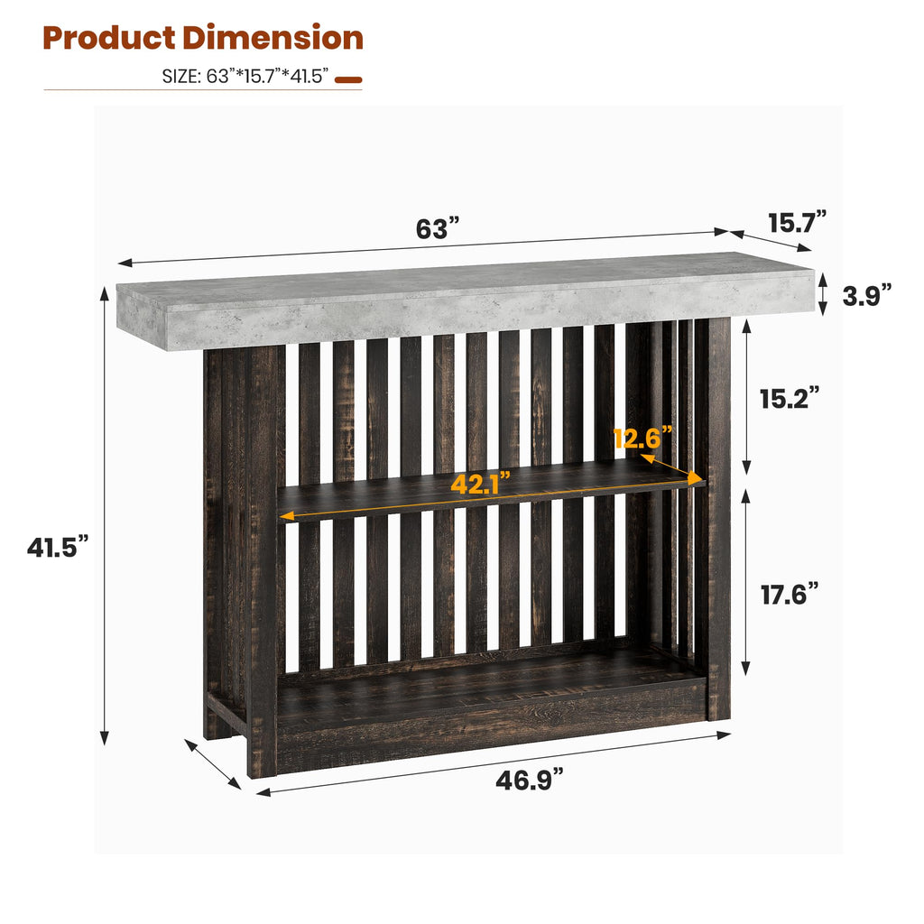63" Long Bar Table - Counter Bar Height Pub Table with 2 Tier Storage Shelves, Modern Coffee Breakfast Bar Unit