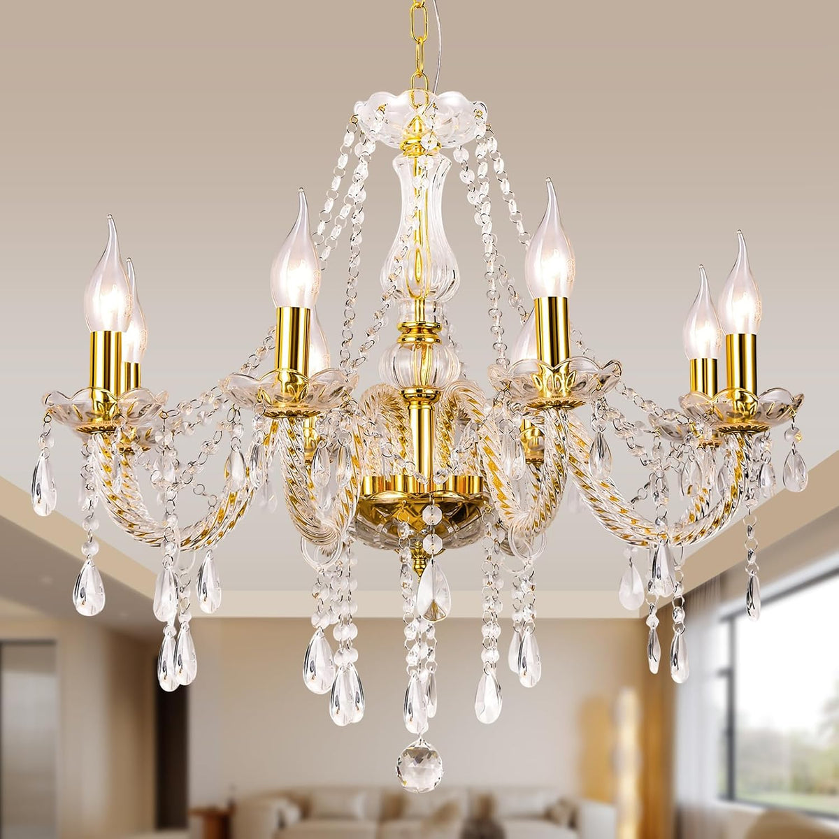 Eight-Light Modern K9 Crystal Glass Chandelier with Clear Prisms