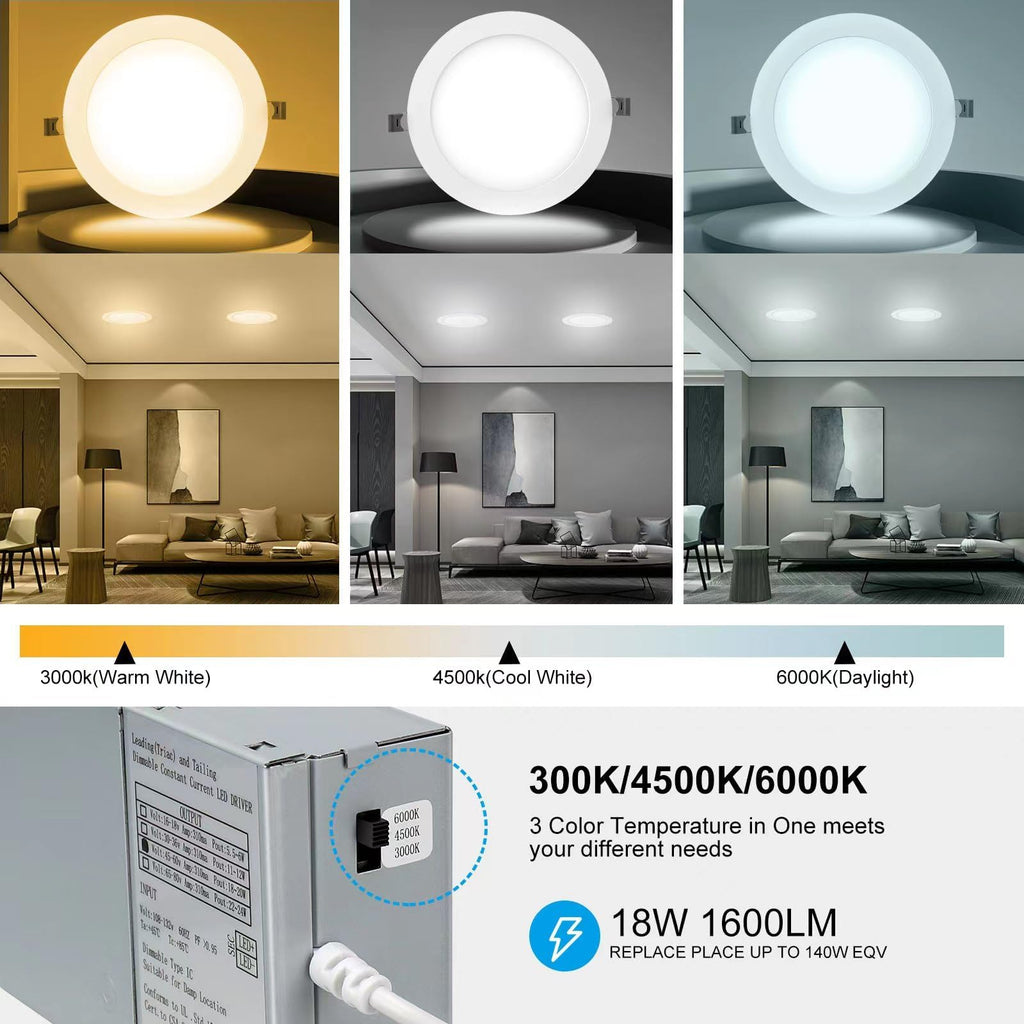 12 Pack 7 Inch 3CCT Ultra-Thin LED Recessed Light with Junction Box, 3000K/4500K/6000K Selectable, 18W Eqv 125W